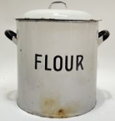 A large enamelled flour contained marked 'Flour' with twin-handled sides (h- 34cm, w- 37cm)
