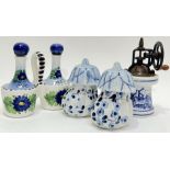 A group of kitchenalia/blue and white comprising an Italian oil/vinegar condiment set, two blue