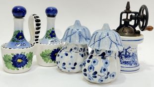 A group of kitchenalia/blue and white comprising an Italian oil/vinegar condiment set, two blue