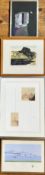 A group of framed works including indistinctly signed Loch Maree print, mixed media titled Entry,