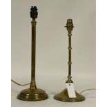 Two early to mid 20th cetury gilt brass candle stick form table lamps, H43cm