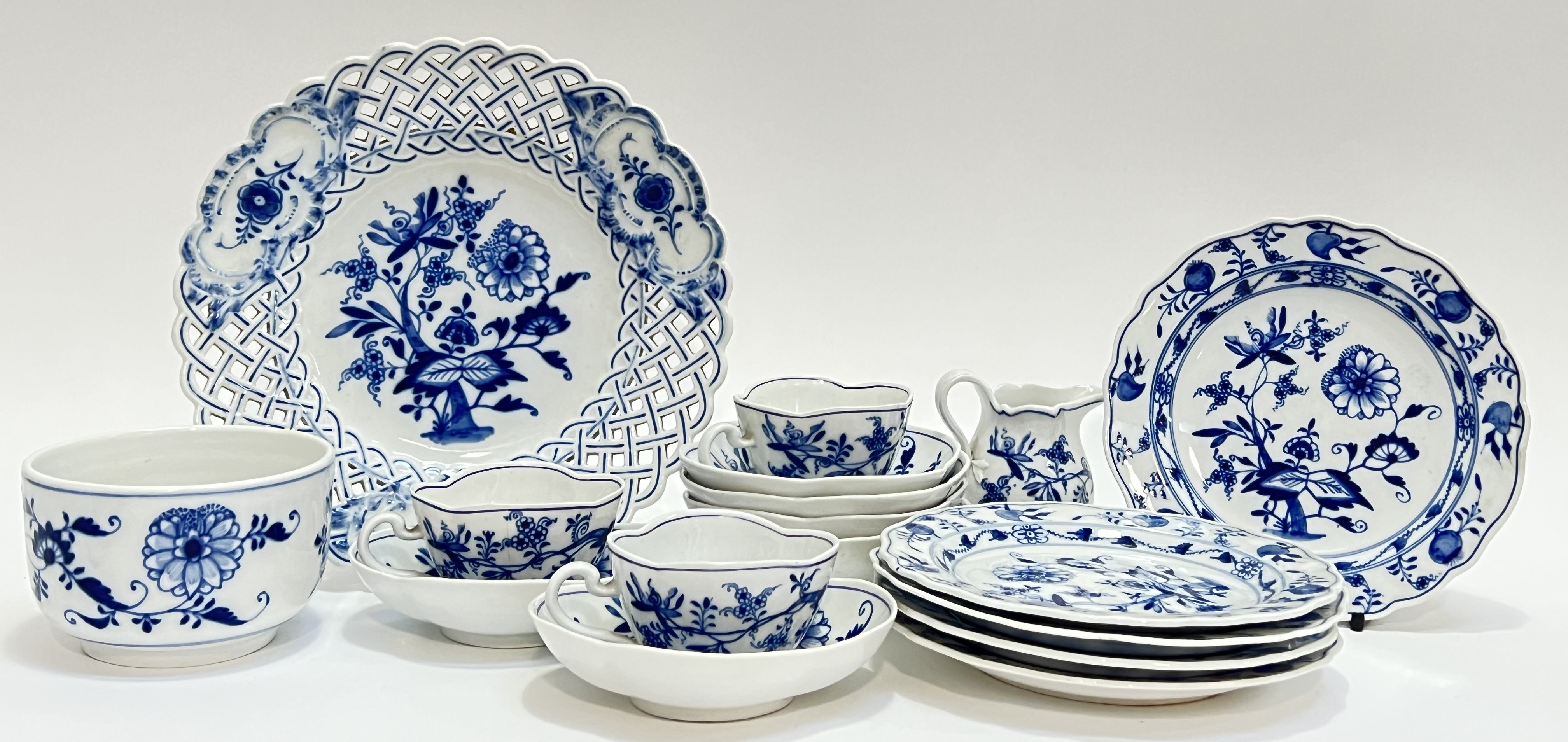 A group of Meissen porcelain blue onion blue pattern items comprising three cups, six saucers (w- - Image 2 of 4