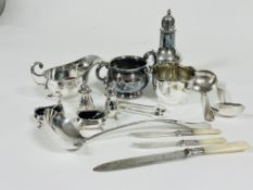 A collection of Epns including , sugar castor, four piece condiment set, pair of mother of pearl