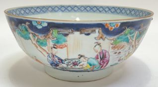 A Chinese porcelain export ware punch bowl with polychrome enamel decoration of figures and