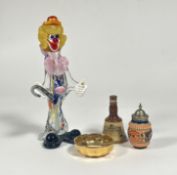 A Murano glass art clown (h-29cm) and a Bell Scotch Whiskey ceramic decanter unopened (h-10cm), a