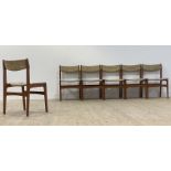 A set of six Danish teak mid century dining chairs, with brown wool upholstered seat and back