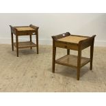 A pair of elm bed side tables, the plate glass top over bergere panel and a drawer, raised on square