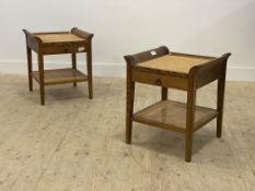 A pair of elm bed side tables, the plate glass top over bergere panel and a drawer, raised on square