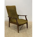 A mid century teak open armchair, with upholstered back and seat, raised on tapered supports H92cm