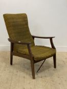 A mid century teak open armchair, with upholstered back and seat, raised on tapered supports H92cm