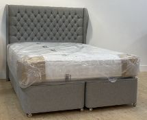 A contemporary 5'3" queen bed, with a deep buttoned upholstered headboard, divan base moving on