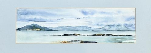 Rona Bird, seascape scene, watercolour, signed bottom right in a gilt frame. (13cmx42cm)