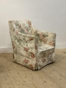A late 19th century upholstered armchair, raised on square tapered supports moving on castors H84cm