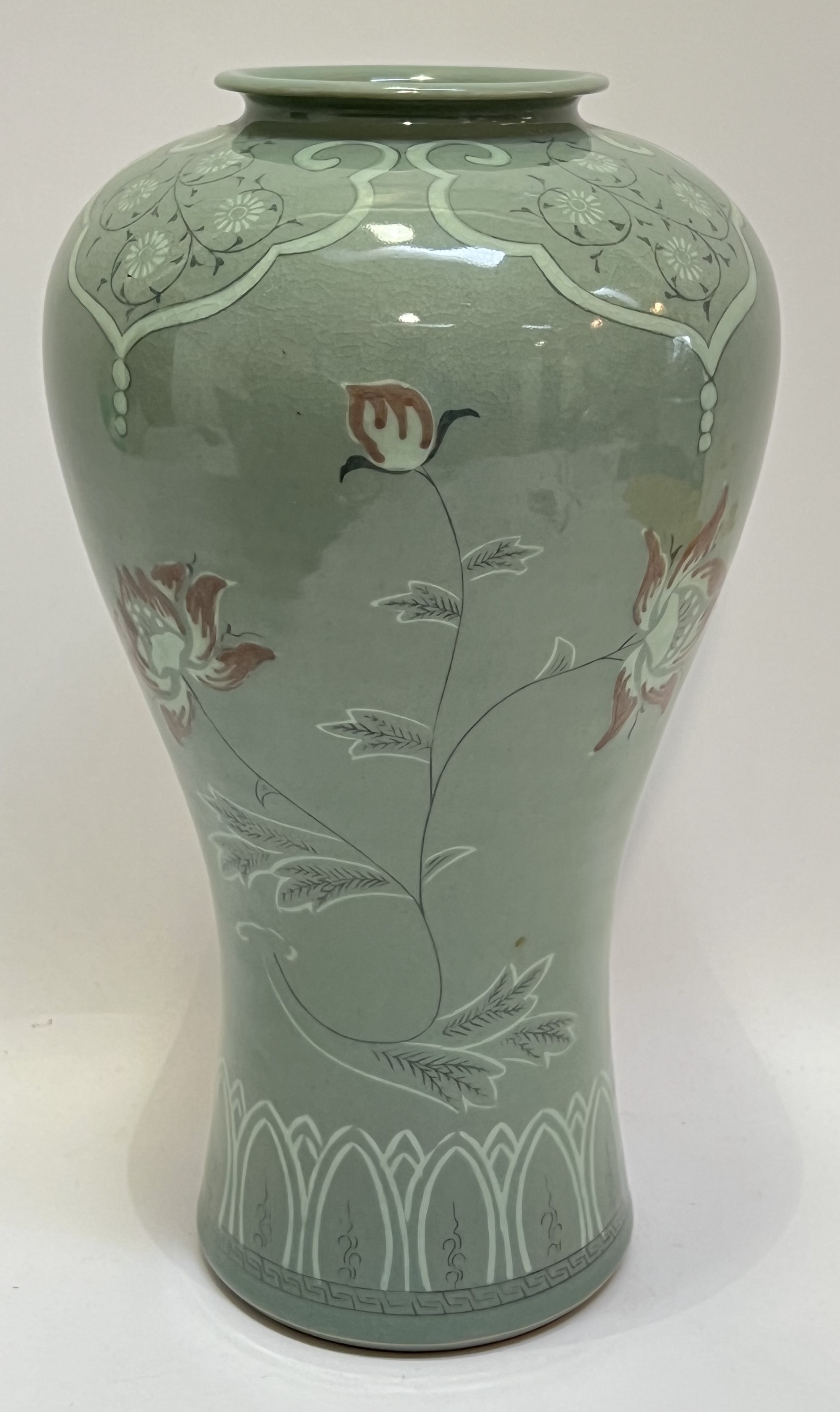 A large Korean celadon maebyeong/meiping vase with copper-red underglaze decoration of peonies and