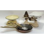 A mixed group of kitchenalia comprising two sets of scales ('The Queen', and a Salter model) (larger