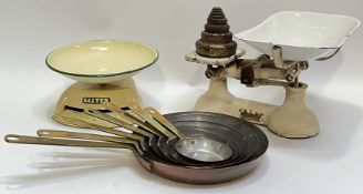 A mixed group of kitchenalia comprising two sets of scales ('The Queen', and a Salter model) (larger