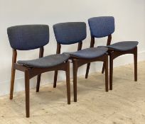 Dalescraft, a set of three mid century teak dining chairs, with upholstered back and seats, raised