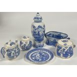 A mixed group of blue and white comprising a Sadler's pottery ginger jar and cover (h-12cm), a tea