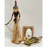 Two vintage Japanese wooden puppets, one constructed around a Coca-Cola bottle (largest h- 62cm),