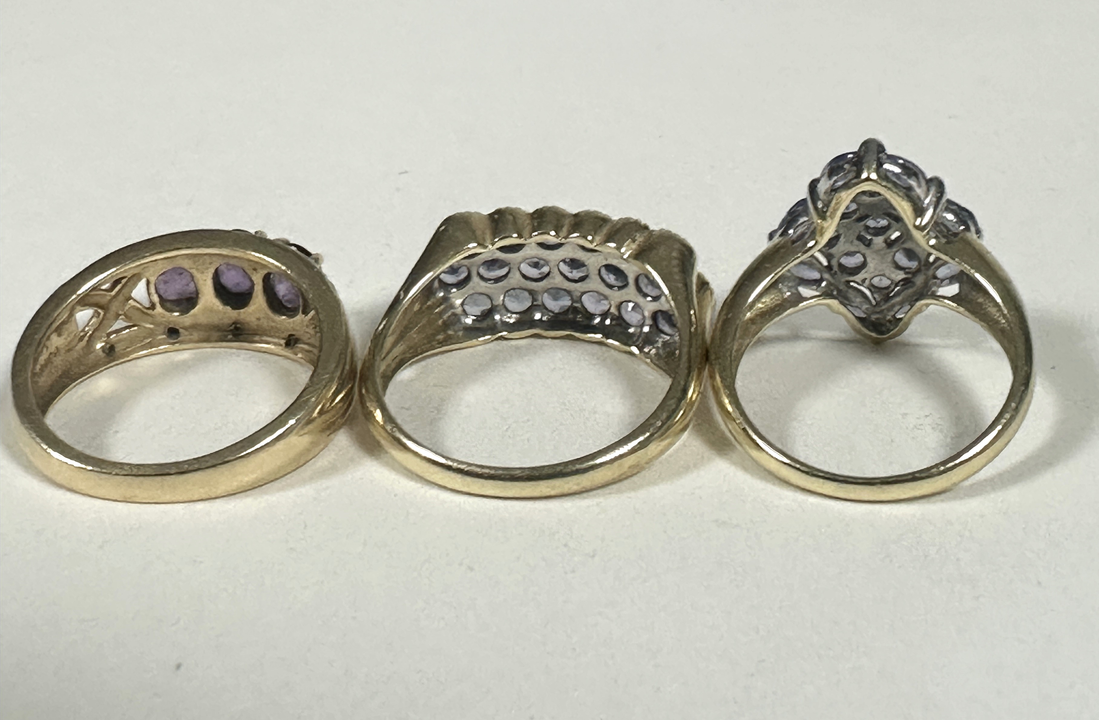 A 9ct gold QVC navette shaped lavender coloured stone cluster ring, M, a 9ct gold QVC triple row - Image 2 of 2