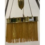 An Arts and Crafts style gilt brass rise and fall three branch pendent light fitting D47cm