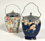 A Midwinter 1930's Chintz pattern biscuit barrel with crome handle and top and a flower fairy