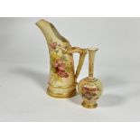 A Edwardian Royal Worcester blush ware curved horn shaped jug with rustic handle to side,