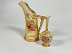 A Edwardian Royal Worcester blush ware curved horn shaped jug with rustic handle to side,