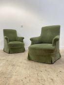 A pair of Victorian easy chairs, upholstered in green geometric chenille raised on turned supports