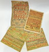 Four nineteenth century needlework samplers including an initialled sampler (sans 'u'), a