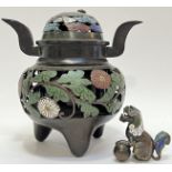 A Japanese bronze and champleve enamel tripod koro/incense burner with polychrome chrysanthemum