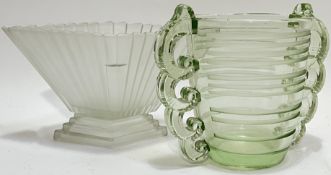 An Art Deco Vaseline glass twin-handled vase (h- 18cm, w- 24cm), together with an Art Deco style