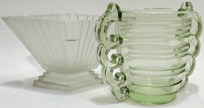 An Art Deco Vaseline glass twin-handled vase (h- 18cm, w- 24cm), together with an Art Deco style