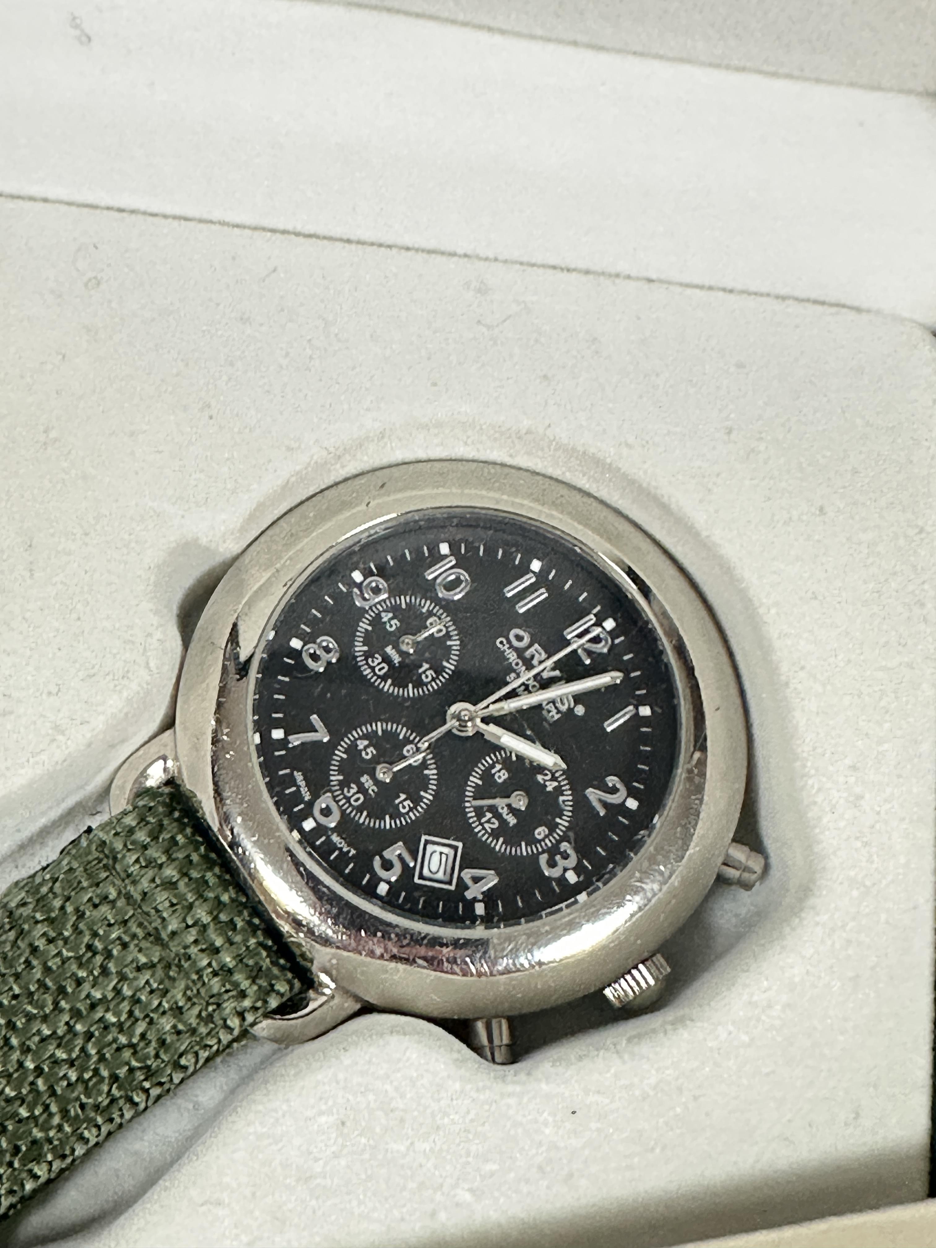 A Orvis chrome plated quartz Chronograph watch with black enamel dial and three subsidiaries dial - Image 2 of 2