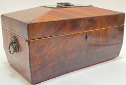 A Regency period boxwood and ebony strung mahogany tea caddy with applied brass side-handles