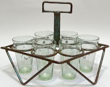 A wrought iron drinks carrier with six drinking glasses (h- 23cm, w- 36cm)