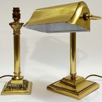 A brass desk lamp modelled as a fluted Corinthian column (h- 32cm), together with a brass banker's