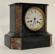 A Victorian slate mantel clock, the case inset with rouge marble panels, white enamel dial with