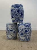 A pair of Chinese style blue and white ceramic veranda stools (H48cm) together with another
