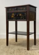 A Chinese style stained and floral painted side table, fitted with three drawers, raised on square