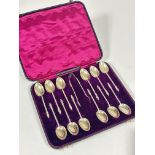 A Victorian London silver set of twelve apostle spoons and tongs in original fitted case, London