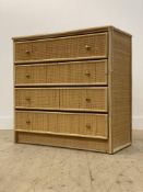 A Vintage bamboo and rattan chest, with plate glass top over four drawers H92cm, W94cm D47cm