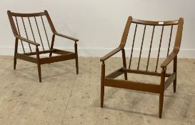 Scandart, a pair of stained beech framed lounge chairs, solid frames for upholstery. H80cm