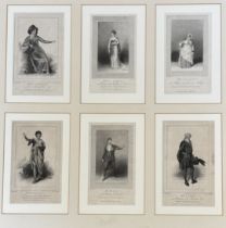 A framed set of six bookplate's each of various theatre characters such as "Miss Smith as Portia