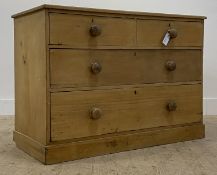 A Victorian pine chest, fitted with two short and two long drawers, on a skirted base. H77cm,