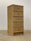 A Vintage bamboo and rattan chest, with plate glass top over five drawers H111cm, W51cm, D46cm