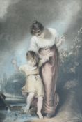 An early 20thc colour mezzotint by Louis Busiere print of a mother and child, in a gilt glazed
