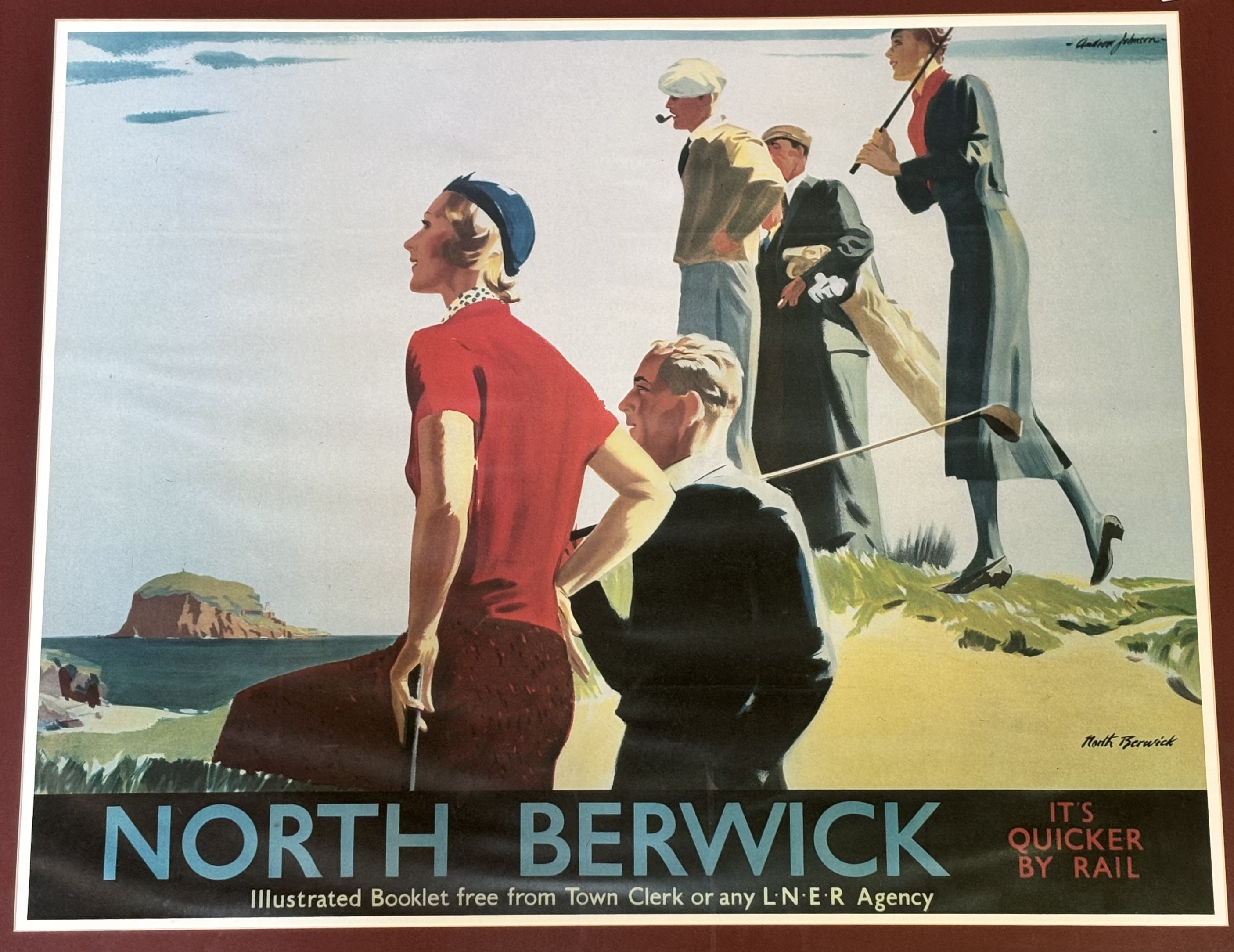 A vintage LNER travel poster for North Berwick by Andrew Johnston, in a wooden frame. (60cmx74cm)