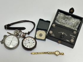 A metal cased stopwatch with enamel dial and Albert working, (D x 4.4cm) a 19thc steel cased open