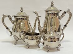 A silver plated part tea service comprising a teapot, a coffee pot (h- 24.5cm), a milk jug, and a